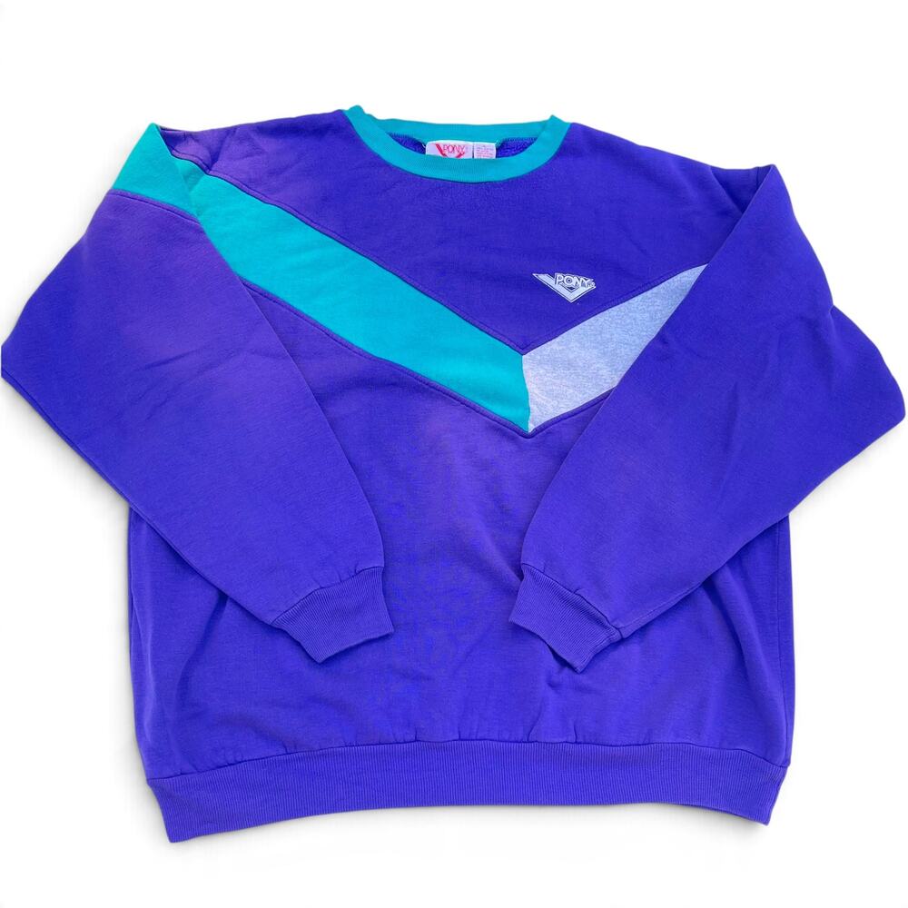 Vintage 90s PONY Sweatshirt Mens XL Purple Teal Colorblock Crewneck Retro